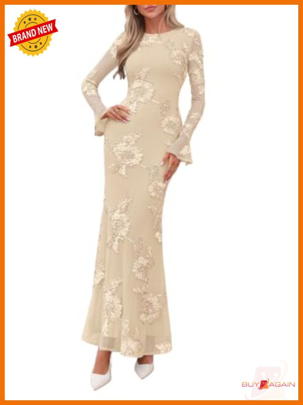 Women's Floral Mesh Maxi Bodycon Dress Bell Sleeve Party